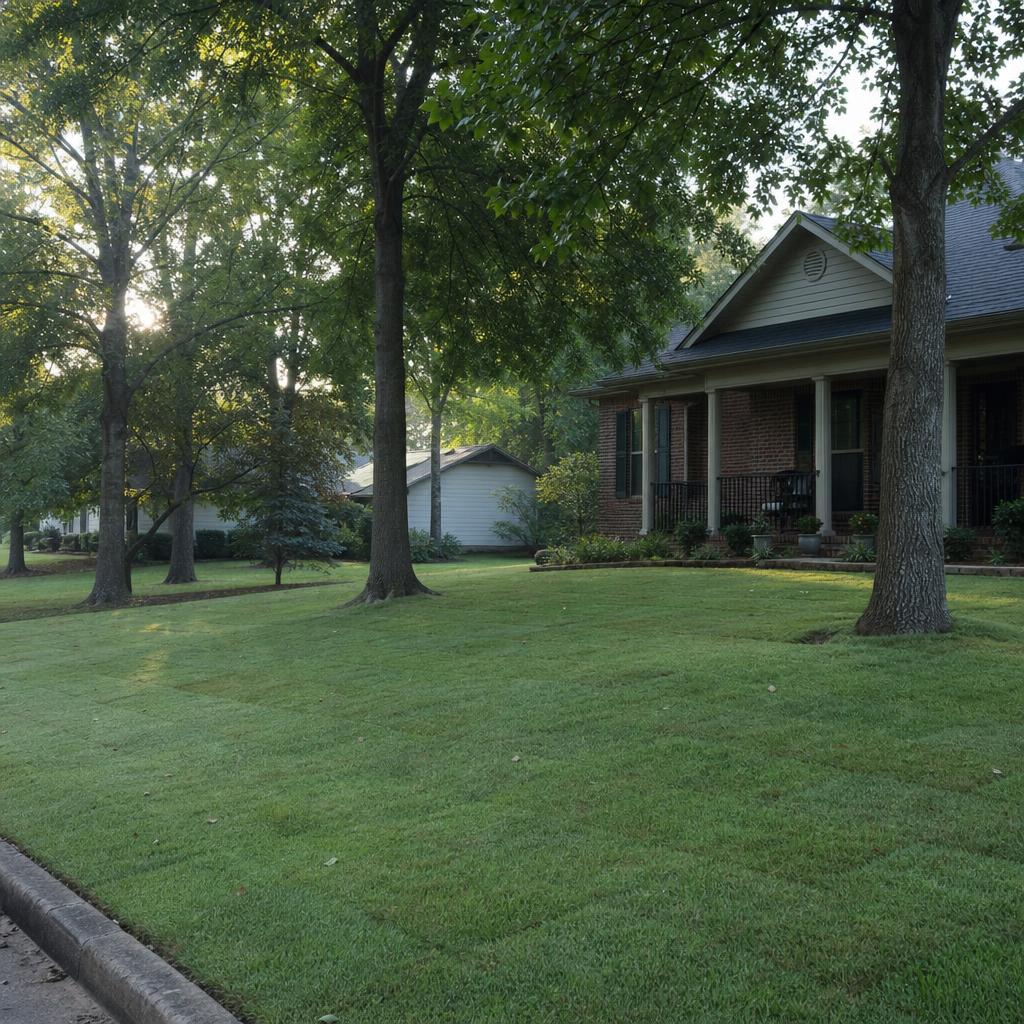 Tree-lined Little Rock residential lawn near a covered porch
